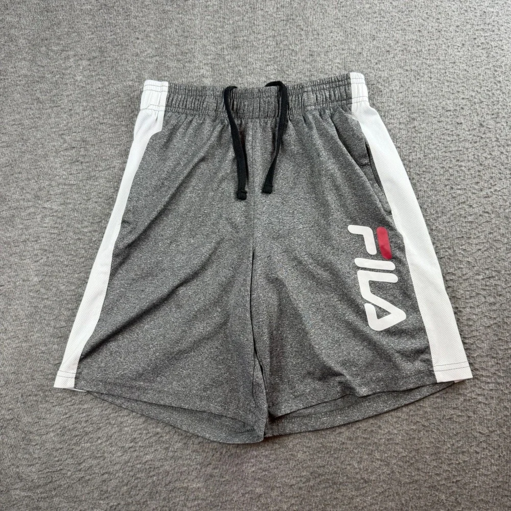 Fila Athletic Shorts Boys Size M 10/12 Gray White Logo Mesh Panel Drawstring‎